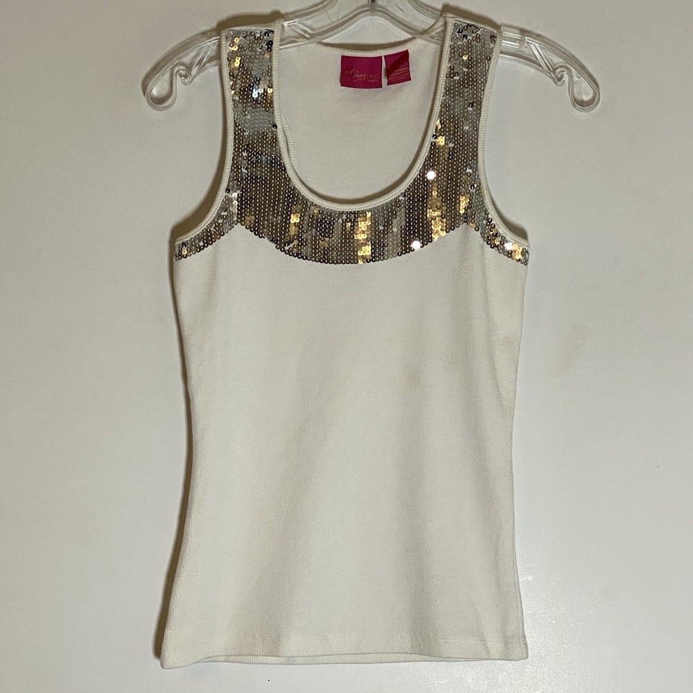 Thalia Sodi Tank Womens Small White Silver Sequined Ribbed Fun Bling Sparkle Top